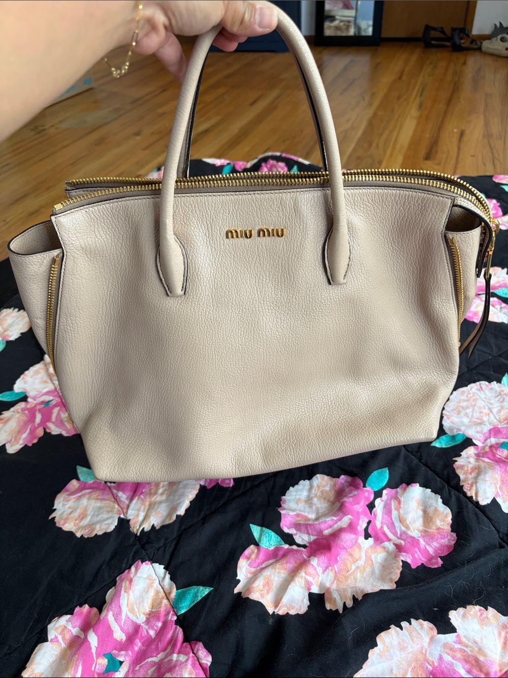 Miu Miu Madras 2 way Handbag Taupe Leather Top-Handle Satchel with Gold Hardware